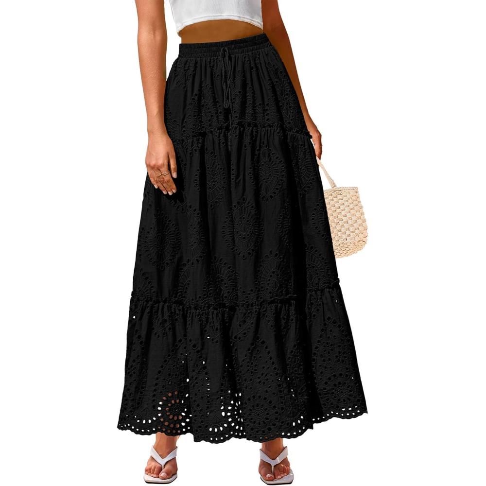 imageBTFBM Women Boho Casual Skirts Summer 2025 Lace Embroidery Eyelet Elastic Waist Flowy Tiered Beach Fall Maxi SkirtBlack
