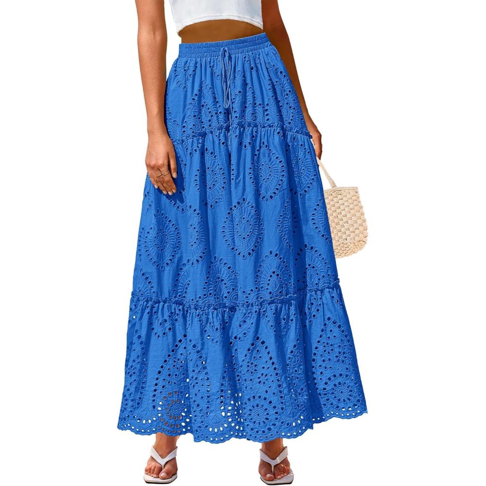 imageBTFBM Women Boho Casual Skirts Summer 2025 Lace Embroidery Eyelet Elastic Waist Flowy Tiered Beach Fall Maxi SkirtBlue
