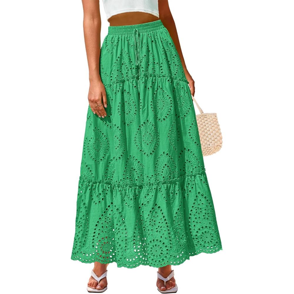 imageBTFBM Women Boho Casual Skirts Summer 2025 Lace Embroidery Eyelet Elastic Waist Flowy Tiered Beach Fall Maxi SkirtGreen