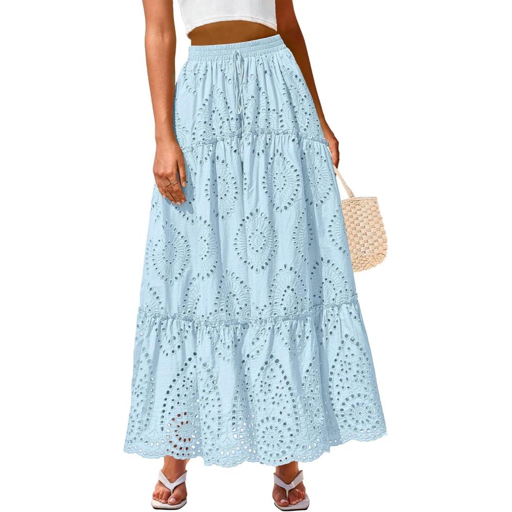 imageBTFBM Women Boho Casual Skirts Summer 2025 Lace Embroidery Eyelet Elastic Waist Flowy Tiered Beach Fall Maxi SkirtLight Blue