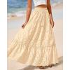 imageBTFBM Women Boho Casual Skirts Summer 2025 Lace Embroidery Eyelet Elastic Waist Flowy Tiered Beach Fall Maxi SkirtBeige