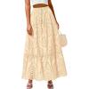 imageBTFBM Women Boho Casual Skirts Summer 2025 Lace Embroidery Eyelet Elastic Waist Flowy Tiered Beach Fall Maxi SkirtBeige