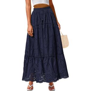 imageBTFBM Women Boho Casual Skirts Summer 2025 Lace Embroidery Eyelet Elastic Waist Flowy Tiered Beach Fall Maxi SkirtNavy
