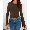 imageBTFBM Long Sleeve Shirts for Women 2025 Fall Y2K Clothes Casual Solid Color Boat Neck Bell Sleeve Fitted Going Out TopsBrown