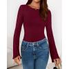 imageBTFBM Long Sleeve Shirts for Women 2025 Fall Y2K Clothes Casual Solid Color Boat Neck Bell Sleeve Fitted Going Out TopsBurgundy