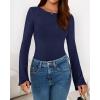 imageBTFBM Long Sleeve Shirts for Women 2025 Fall Y2K Clothes Casual Solid Color Boat Neck Bell Sleeve Fitted Going Out TopsNavy Blue