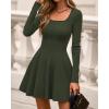 imageBTFBM Square Neck Dress for Women Casual Fall Long Sleeve Knit Pleated Elegant Classy 2025 A Line Club Party Mini DressArmy Green
