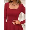 imageBTFBM Square Neck Dress for Women Casual Fall Long Sleeve Knit Pleated Elegant Classy 2025 A Line Club Party Mini DressRed