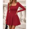 imageBTFBM Square Neck Dress for Women Casual Fall Long Sleeve Knit Pleated Elegant Classy 2025 A Line Club Party Mini DressRed