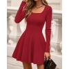 imageBTFBM Square Neck Dress for Women Casual Fall Long Sleeve Knit Pleated Elegant Classy 2025 A Line Club Party Mini DressRed