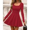 imageBTFBM Square Neck Dress for Women Casual Fall Long Sleeve Knit Pleated Elegant Classy 2025 A Line Club Party Mini DressRed