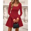 imageBTFBM Square Neck Dress for Women Casual Fall Long Sleeve Knit Pleated Elegant Classy 2025 A Line Club Party Mini DressRed