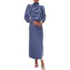 imageBTFBM Womens Mock Neck Satin Dress Summer Fall 2025 Long Sleeve High Waist Formal Wedding Party Maxi Cocktail DressesGrey Blue