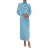imageBTFBM Womens Mock Neck Satin Dress Summer Fall 2025 Long Sleeve High Waist Formal Wedding Party Maxi Cocktail DressesLight Blue