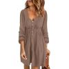 imageBTFBM Casual Fall Dresses for Women 2025 Long Sleeve Button Down Crew Neck Empire Waist A Line Mini Short HOCO DressDark Khaki