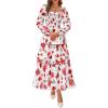 imageBTFBM Fall Dresses for Women 2025 Floral Long Sleeve Smocked Square Neck Casual Ruffle Tiered Flowy Wedding Guest DressFloral White Red