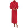 imageBTFBM Womens Mock Neck Satin Dress Summer Fall 2025 Long Sleeve High Waist Formal Wedding Party Maxi Cocktail DressesRed