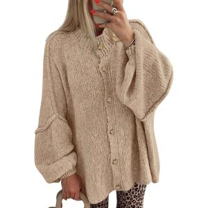 imageBTFBM Cardigan Sweaters for Women 2025 Fall Clothes Lantern Long Sleeve Button Open Front Chunky Knit Oversized SweaterApricot
