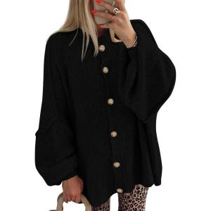 imageBTFBM Cardigan Sweaters for Women 2025 Fall Clothes Lantern Long Sleeve Button Open Front Chunky Knit Oversized SweaterBlack