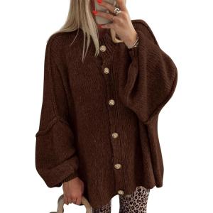 imageBTFBM Cardigan Sweaters for Women 2025 Fall Clothes Lantern Long Sleeve Button Open Front Chunky Knit Oversized SweaterBrown