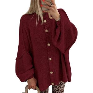 imageBTFBM Cardigan Sweaters for Women 2025 Fall Clothes Lantern Long Sleeve Button Open Front Chunky Knit Oversized SweaterBurgundy