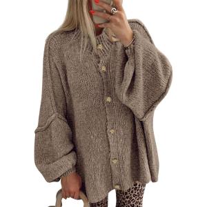 imageBTFBM Cardigan Sweaters for Women 2025 Fall Clothes Lantern Long Sleeve Button Open Front Chunky Knit Oversized SweaterCamel