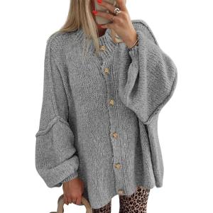 imageBTFBM Cardigan Sweaters for Women 2025 Fall Clothes Lantern Long Sleeve Button Open Front Chunky Knit Oversized SweaterGrey