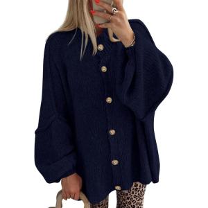 imageBTFBM Cardigan Sweaters for Women 2025 Fall Clothes Lantern Long Sleeve Button Open Front Chunky Knit Oversized SweaterNavy Blue