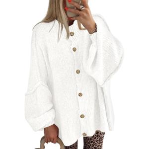 imageBTFBM Cardigan Sweaters for Women 2025 Fall Clothes Lantern Long Sleeve Button Open Front Chunky Knit Oversized SweaterWhite