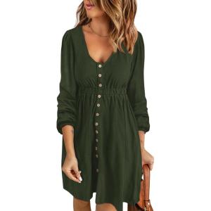imageBTFBM Casual Fall Dresses for Women 2025 Long Sleeve Button Down Crew Neck Empire Waist A Line Mini Short HOCO DressArmy Green