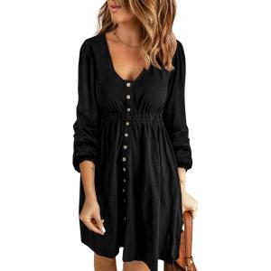 imageBTFBM Casual Fall Dresses for Women 2025 Long Sleeve Button Down Crew Neck Empire Waist A Line Mini Short HOCO DressBlack