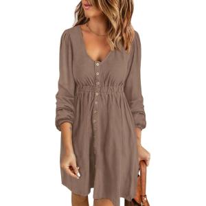 imageBTFBM Casual Fall Dresses for Women 2025 Long Sleeve Button Down Crew Neck Empire Waist A Line Mini Short HOCO DressDark Khaki