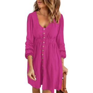 imageBTFBM Casual Fall Dresses for Women 2025 Long Sleeve Button Down Crew Neck Empire Waist A Line Mini Short HOCO DressLong Buttons Rose Red