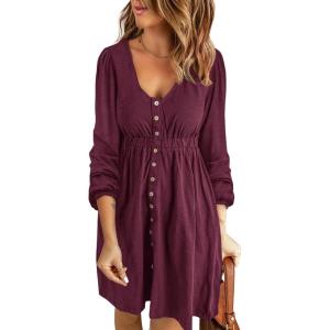 imageBTFBM Casual Fall Dresses for Women 2025 Long Sleeve Button Down Crew Neck Empire Waist A Line Mini Short HOCO DressWine Red