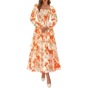 imageBTFBM Fall Dresses for Women 2025 Floral Long Sleeve Smocked Square Neck Casual Ruffle Tiered Flowy Wedding Guest DressFloral Apricot Orange