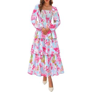 imageBTFBM Fall Dresses for Women 2025 Floral Long Sleeve Smocked Square Neck Casual Ruffle Tiered Flowy Wedding Guest DressFloral Light Blue Pink