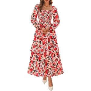 imageBTFBM Fall Dresses for Women 2025 Floral Long Sleeve Smocked Square Neck Casual Ruffle Tiered Flowy Wedding Guest DressFloral Orange Pink Red