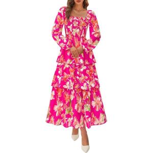 imageBTFBM Fall Dresses for Women 2025 Floral Long Sleeve Smocked Square Neck Casual Ruffle Tiered Flowy Wedding Guest DressFloral Rose Red Red
