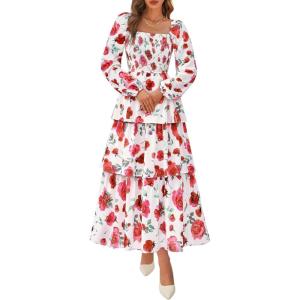 imageBTFBM Fall Dresses for Women 2025 Floral Long Sleeve Smocked Square Neck Casual Ruffle Tiered Flowy Wedding Guest DressFloral White Red