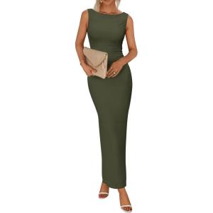 imageBTFBM Formal Wedding Guest Dresses for Women Summer Fall 2025 Sleeveless Ruched Bodycon Mesh Elegant Maxi Cocktail DressArmy Green