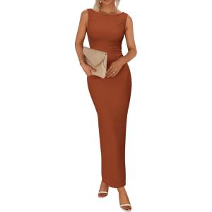 imageBTFBM Formal Wedding Guest Dresses for Women Summer Fall 2025 Sleeveless Ruched Bodycon Mesh Elegant Maxi Cocktail DressCaramel