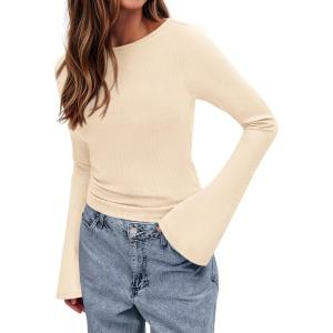 imageBTFBM Long Sleeve Shirts for Women 2025 Fall Y2K Clothes Casual Solid Color Boat Neck Bell Sleeve Fitted Going Out TopsBeige