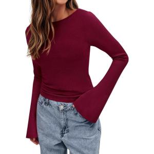 imageBTFBM Long Sleeve Shirts for Women 2025 Fall Y2K Clothes Casual Solid Color Boat Neck Bell Sleeve Fitted Going Out TopsBurgundy