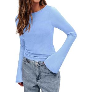 imageBTFBM Long Sleeve Shirts for Women 2025 Fall Y2K Clothes Casual Solid Color Boat Neck Bell Sleeve Fitted Going Out TopsLight Blue