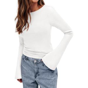 imageBTFBM Long Sleeve Shirts for Women 2025 Fall Y2K Clothes Casual Solid Color Boat Neck Bell Sleeve Fitted Going Out TopsWhite