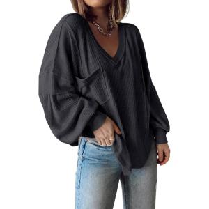 imageBTFBM Womens Fall Fashion 2025 Long Sleeve Shirts Casual V Neck Ribbed Knit Blouses Pullover Trendy Loose Fit Tunic TopsSolid Dark Grey