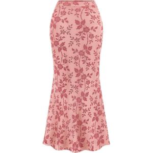 imageBTFBM Womens Floral Mesh Maxi Skirt Elastic High Waisted Boho Elegant Mermaid 2025 Summer Fall Long Skirts for WomenPink