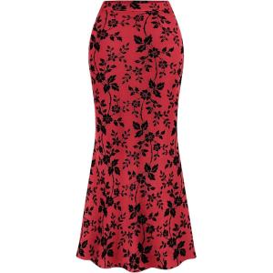 imageBTFBM Womens Floral Mesh Maxi Skirt Elastic High Waisted Boho Elegant Mermaid 2025 Summer Fall Long Skirts for WomenRed