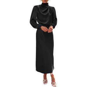 imageBTFBM Womens Mock Neck Satin Dress Summer Fall 2025 Long Sleeve High Waist Formal Wedding Party Maxi Cocktail DressesBlack