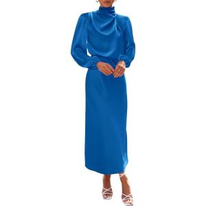 imageBTFBM Womens Mock Neck Satin Dress Summer Fall 2025 Long Sleeve High Waist Formal Wedding Party Maxi Cocktail DressesBrilliant Blue